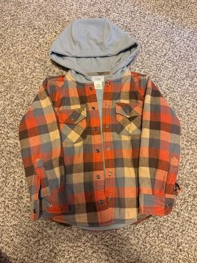 L.L. Bean Plaid Hooded Flannel Shirt Jacket - Rust, Gray, Cream 5/6